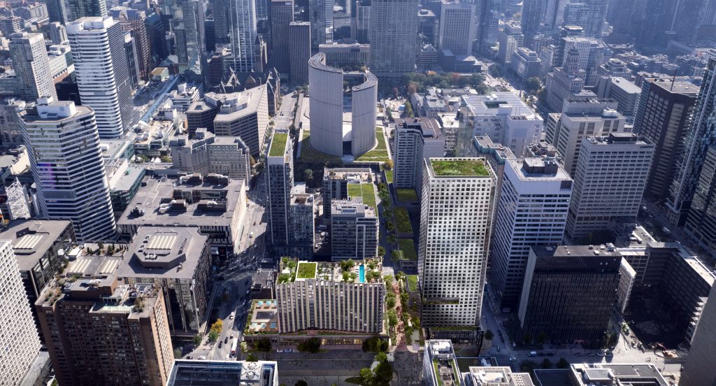 Renderings of the two new towers can be seen south of Toronto city hall in the bottom-centre part of the image.