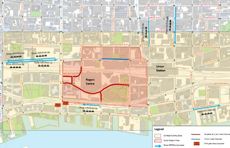 A map of road closures and drop-off/pick-up zones put in place by the City of Toronto.