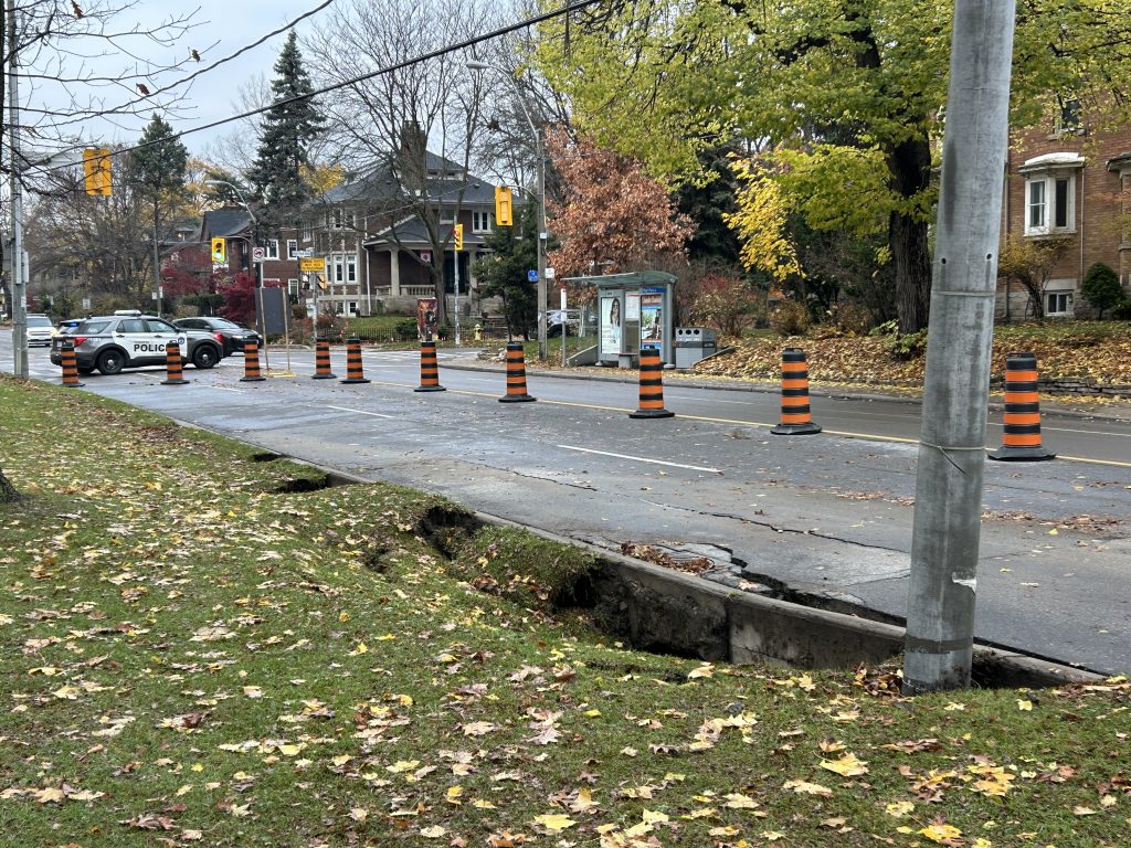 A section of Parkside Drive in Toronto is closed due to a sinkhole on Nov. 21, 2024