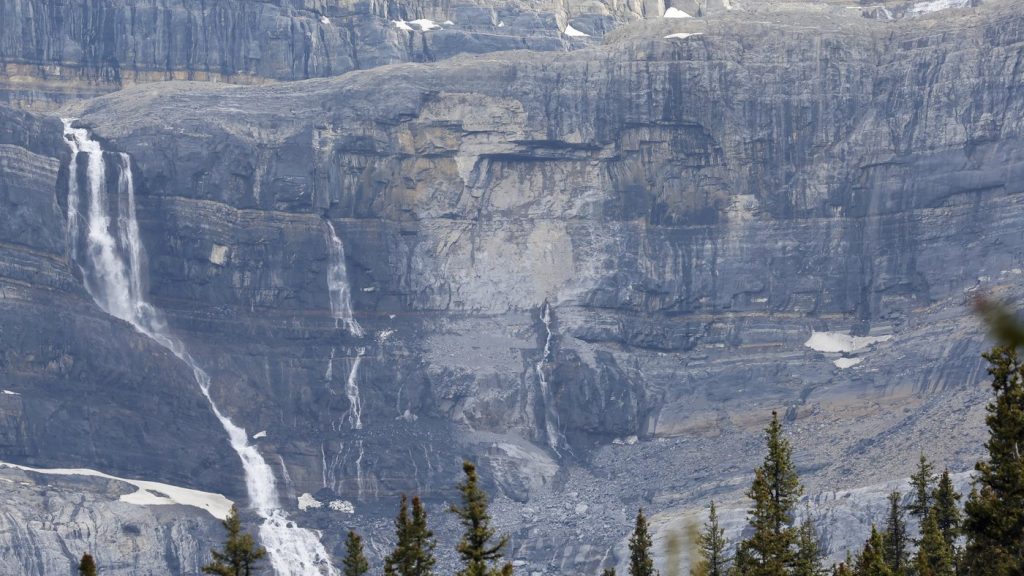A rock slide, centre, is shown near Bow Glacier Falls north of Lake Louise, Alta. in Banff National Park on Thursday, June 19, 2025. THE CANADIAN PRESS/Larry MacDougal