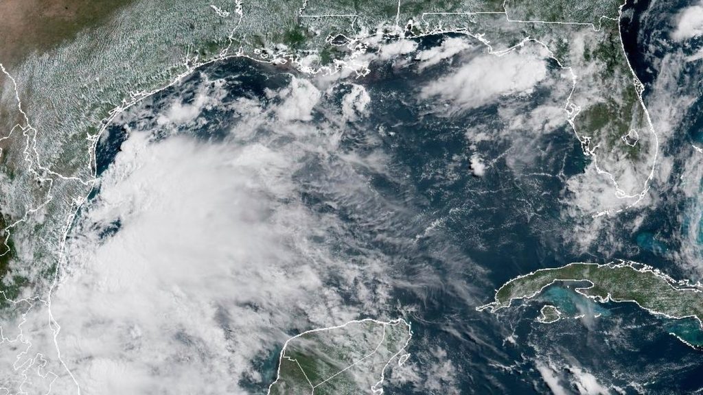 This satellite image provided by the National Oceanic and Atmospheric Administration (NOAA) shows Tropical Storm Barry, Sunday, June 29, 2025. (NOAA via AP)