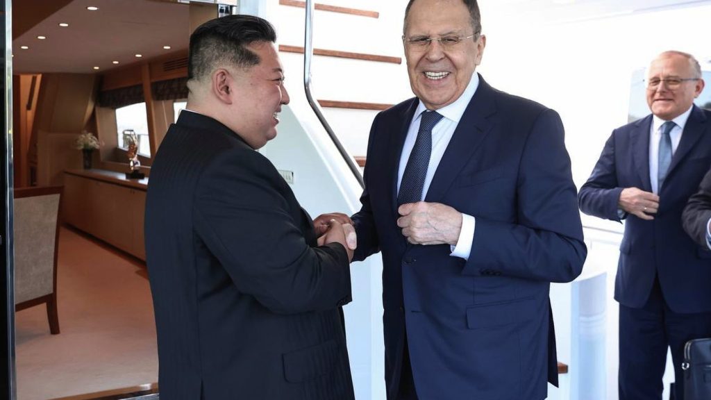 In this photo released by Russian Foreign Ministry Press Service, Russian Foreign Minister Sergey Lavrov, right, and North Korea's leader Kim Jong Un shake hands during their meeting in Wonsan, North Korea, on Saturday, July 12, 2025. (Russian Foreign Ministry Press Service via AP)