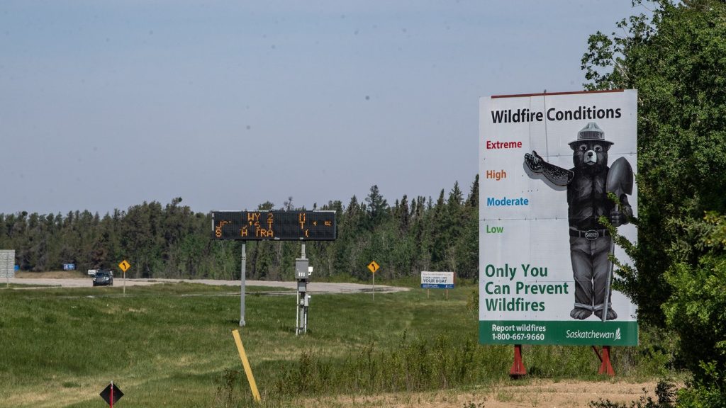 Signage on Highway 2 North near the Provincial Wildfire Centre in Prince Albert, Sask., Wednesday, June 4, 2025. THE CANADIAN PRESS/Liam Richards