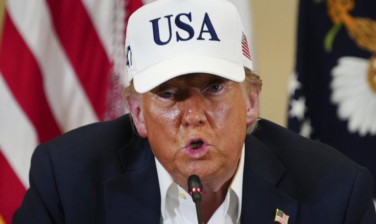 President Donald J. Trump speaks at a roundtable discussion at the Community Emergency Operations Center in Kerrville, Texas, Friday, July 11, 2025. (Ricardo B. Brazziell/Austin American-Statesman via AP) 