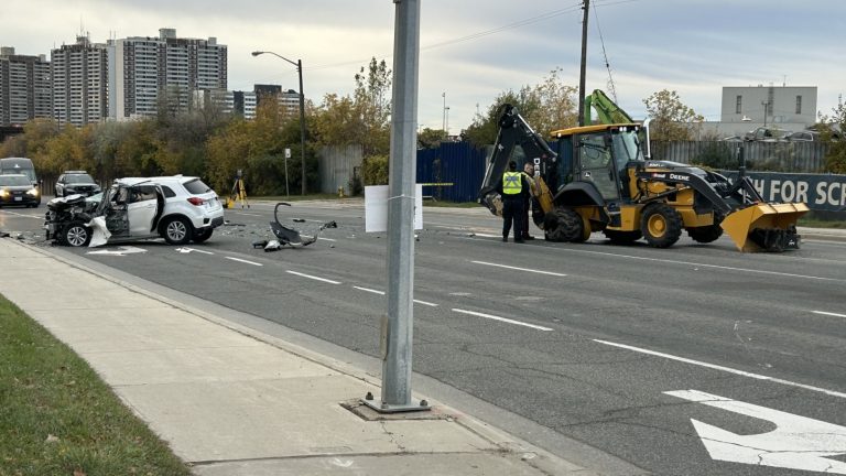 Emergency crews were called to Weston Road and Fenmar Drive near Finch Avenue West at approximately 2:44 a.m. after reports of a crash involving an SUV and a construction vehicle. Photo: Giancarlo DeSantis/CityNews.