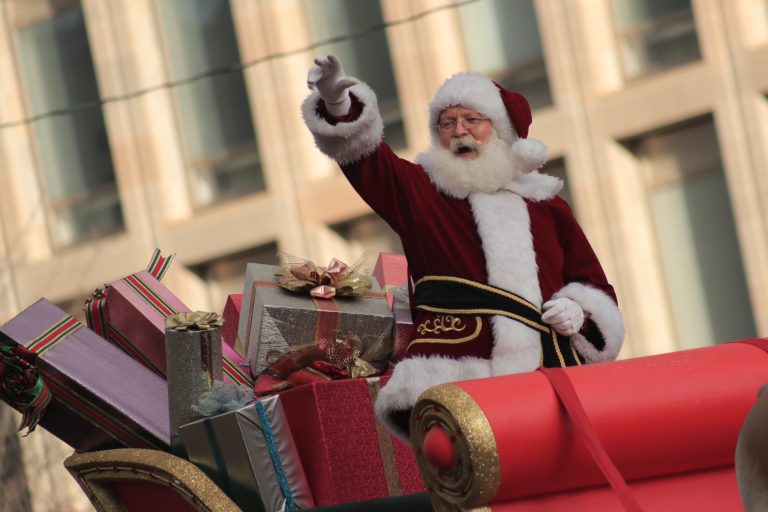 A person dressed as Santa Claus participates in the annual Santa Claus Parade in Toronto, Ontario, Canada, on November 24, 2024. Thousands of spectators line the streets to watch the floats and performers as they march in a parade that is a tradition since 1905. (Photo by Arrush Chopra/NurPhoto via Getty Images)