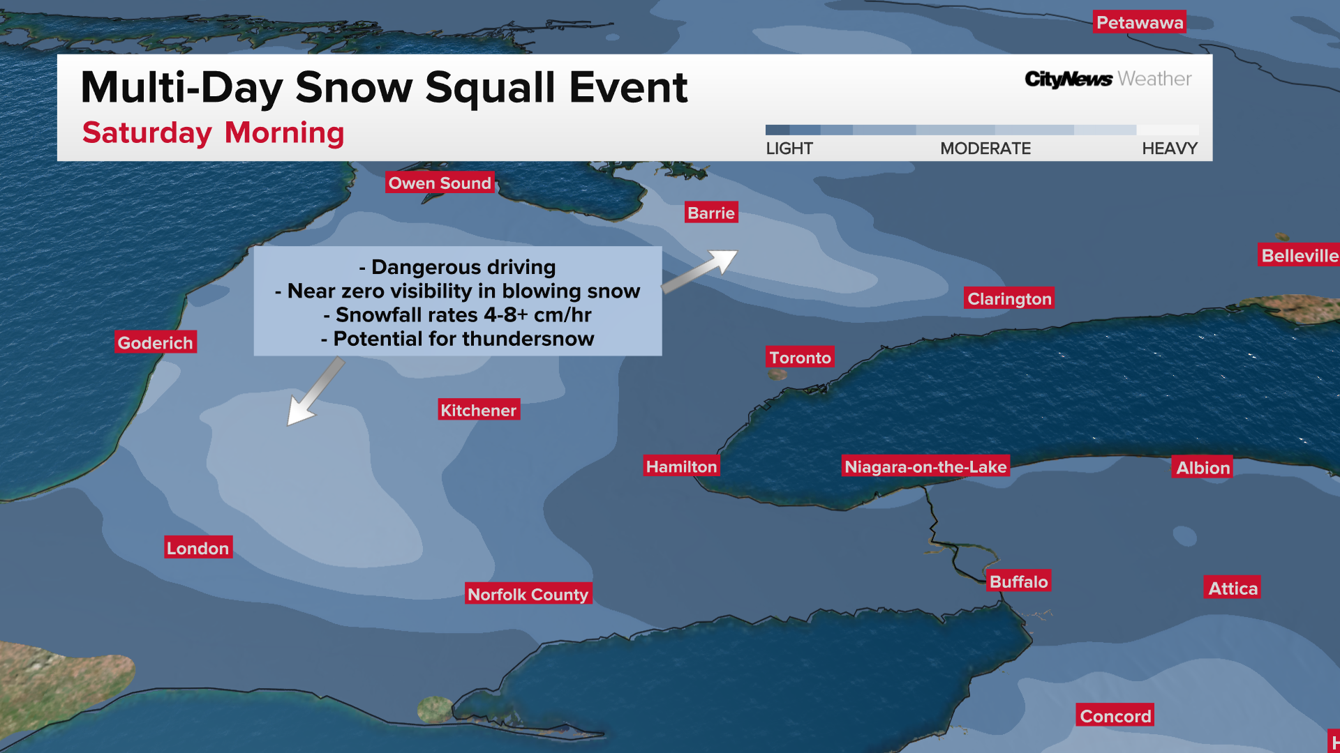 Prolonged snow squalls could bring 40+ cm to southern Ontario