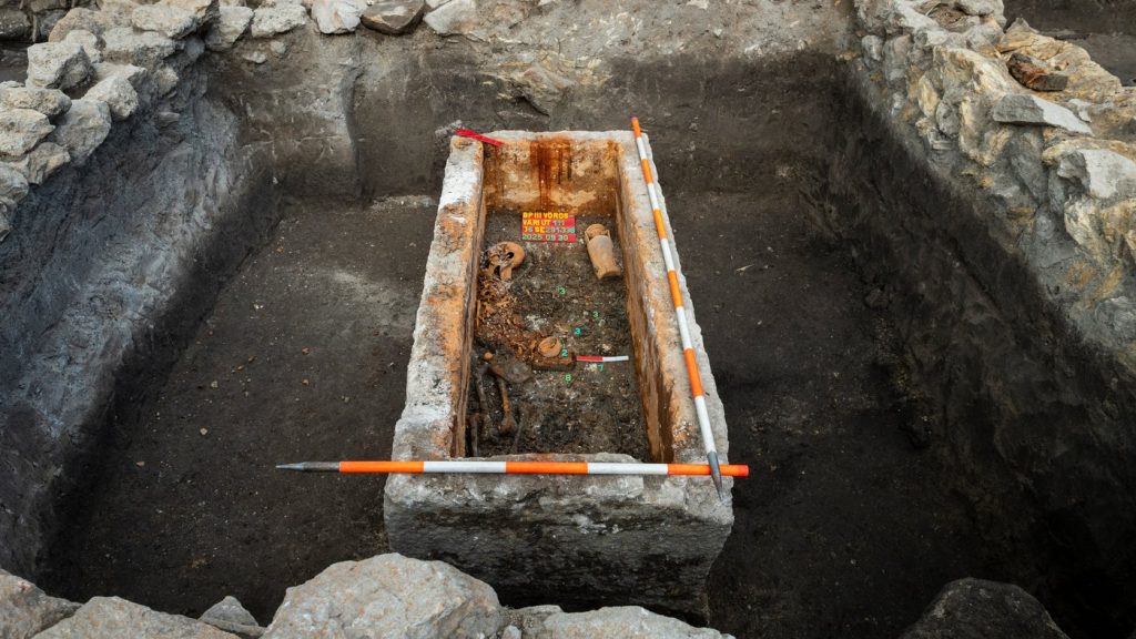 This photo released by Budapest History Museum shows an intact Roman sarcophagus after its lid was lifted at an archeological site in Budapest, Hungary, Sept. 30, 2025. (Gabor Lakos, Budapest History Museum via AP)