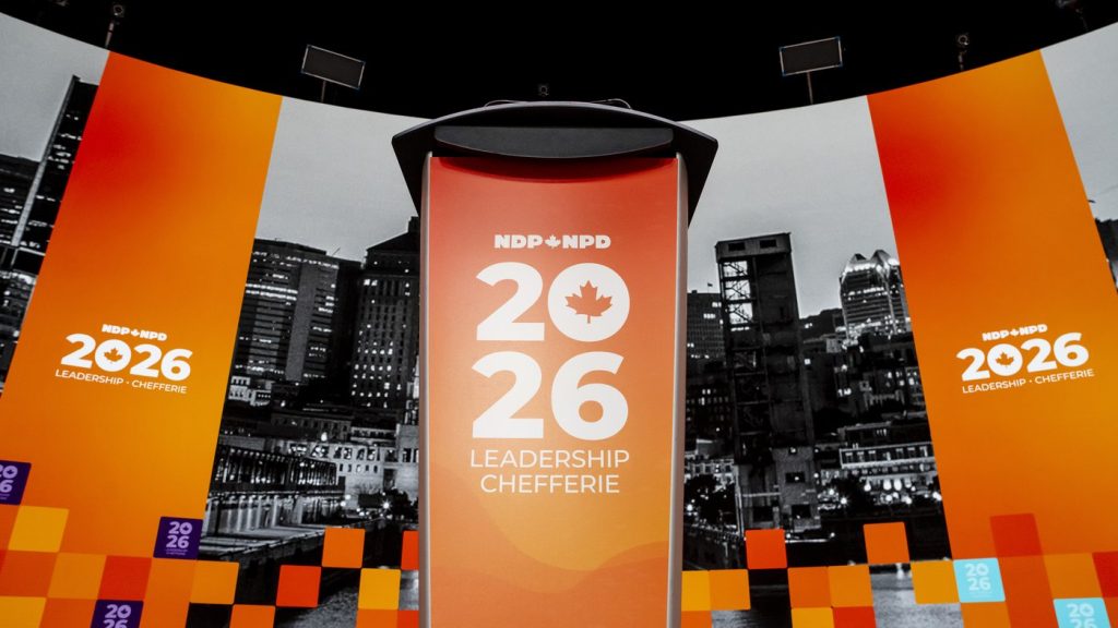 The NDP leadership debate stage is photographed in Montreal on Thursday, November 27, 2025. THE CANADIAN PRESS/Christopher Katsarov