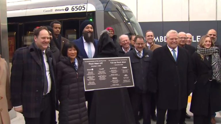 Mayor Olivia Chow (left) and Premier Doug Ford among other dignitaries at the Finch West LRT's  Humber College station. CITYNEWS