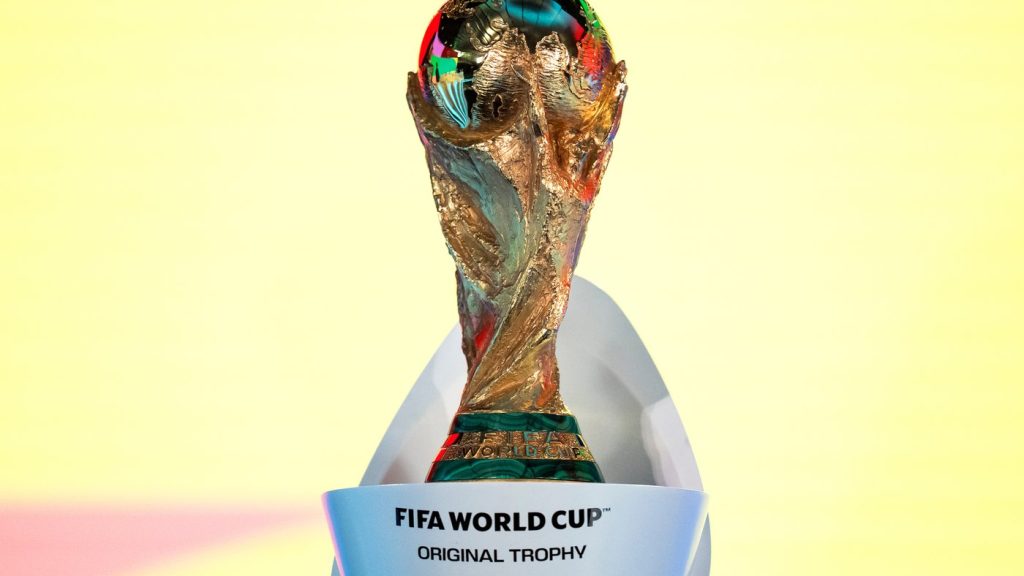 The FIFA World Cup Trophy is displayed during the FIFA World Cup 2026 playoff draw in Zurich, Switzerland, Thursday, Nov. 20, 2025. (Claudio Thoma/Keystone via AP) 