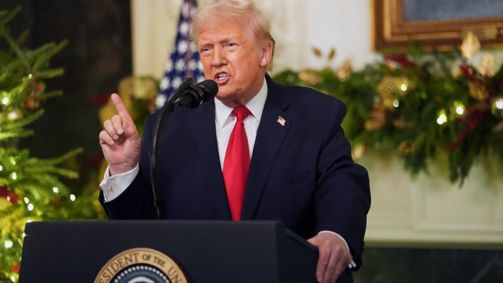 President Donald Trump speaks during an address to the nation from the Diplomatic Reception Room at the White House, Wednesday, Dec. 17, 2025, in Washington. (Doug Mills/The New York Times via AP, Pool)