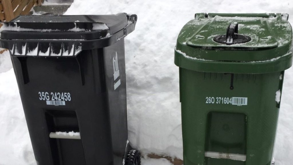 A garbage and green bin in the snow. City of Toronto.