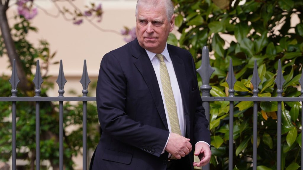 FILE - Britain's Andrew Mountbatten-Windsor, formerly known as Prince Andrew, looks around as he leaves after attending the Easter Matins Service at St. George's Chapel, Windsor Castle, England, April 20, 2025. (AP Photo/Kirsty Wigglesworth, File)