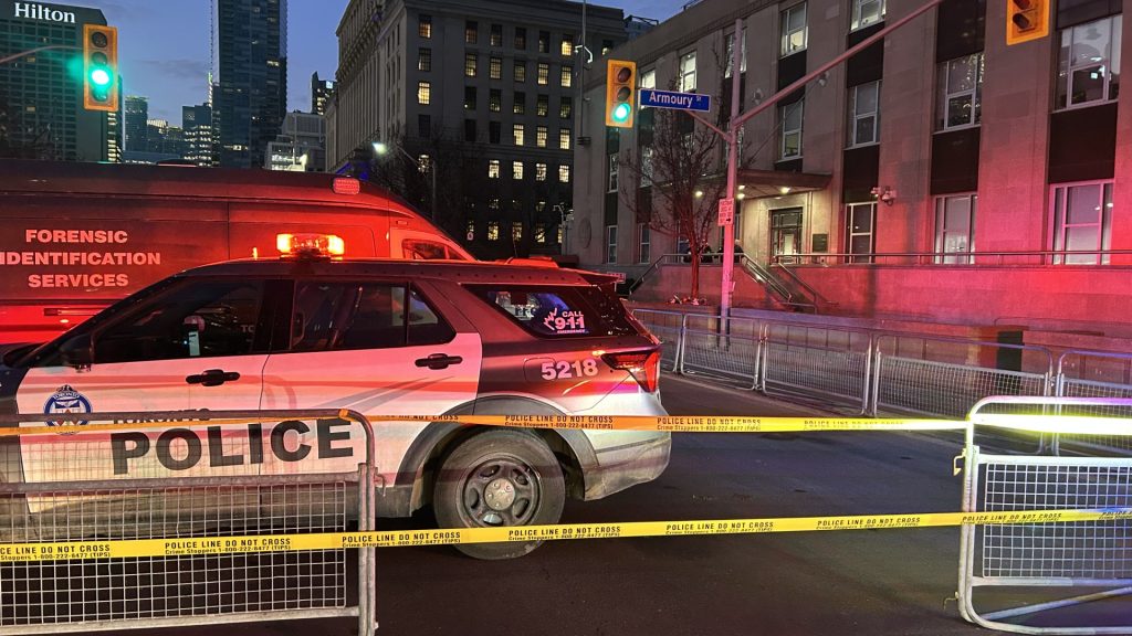 Officers were called to the area of University Avenue and Queen Street West around 5:29 a.m. on Tuesday, March 10, 2026, after reports that a firearm had been discharged at the consulate building. Photo: Giancarlo DeSantis/CityNews.