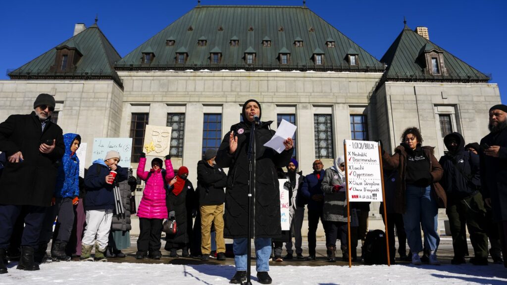 People congregate outside the Supreme Court of Canada as the court hears appeals regarding Quebec’s secularism law (Bill 21) in Ottawa on Monday, March 23, 2026. THE CANADIAN PRESS/Sean Kilpatrick