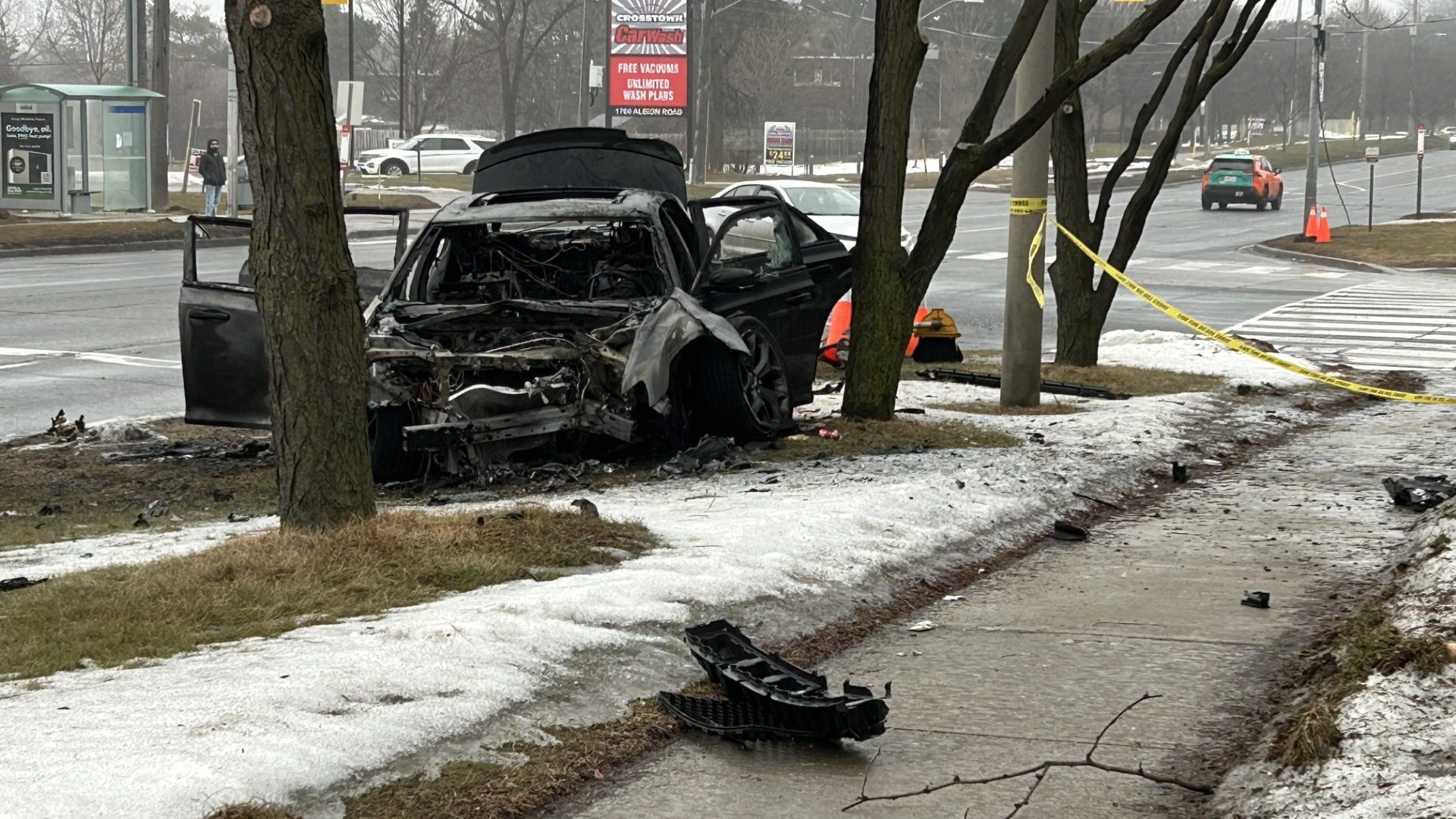 2 arrested after vehicle slams into pole and catches fire in early‑morning Rexdale crash