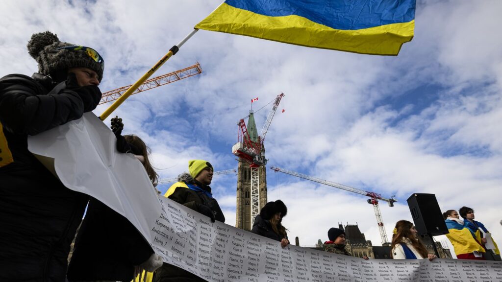 People rally on Parliament Hill to mark the 3rd anniversary of Russia's full-scale invasion of Ukraine, in Ottawa, on Feb. 23, 2025. THE CANADIAN PRESS/Justin Tang