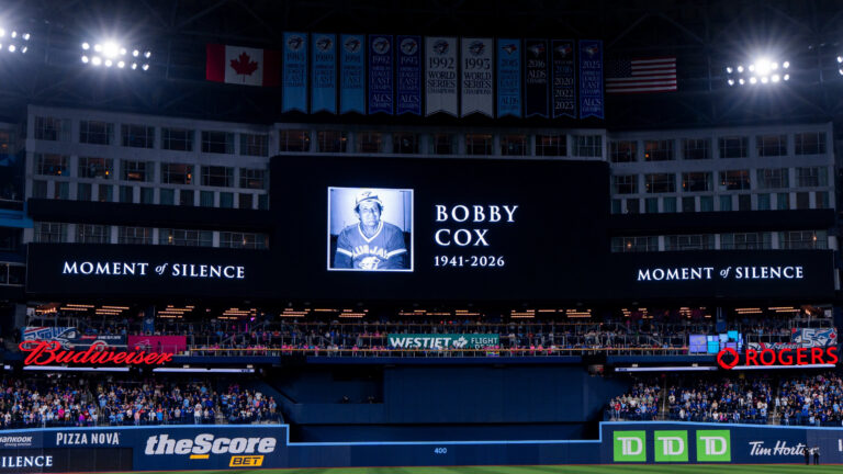 A moment of silence is held at Rogers Centre for former Toronto Blue Jays manager Bobby Cox on May 9, 2026. X/Toronto Blue Jays