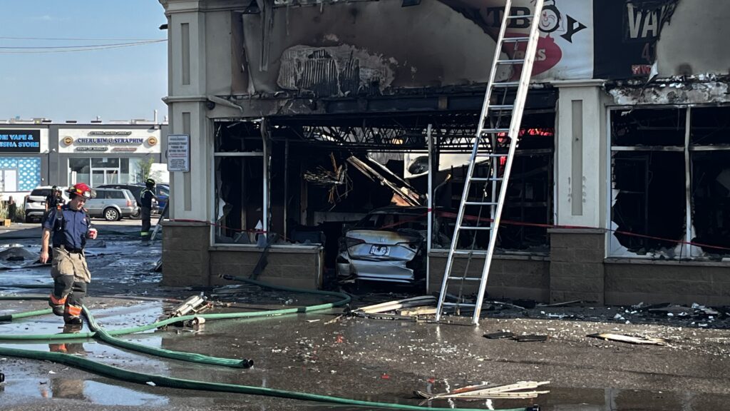 A car drove into a fireworks store in Etobicoke on May 18, 2026, causing both to burst into flames. CITYNEWS/Joe Lotocki