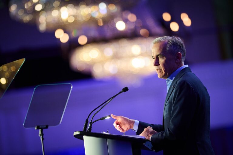 Prime Minister Mark Carney speaks at the 2026 Global Progress Action Summit in Toronto, on Saturday, May 9, 2026. THE CANADIAN PRESS/Sammy Kogan