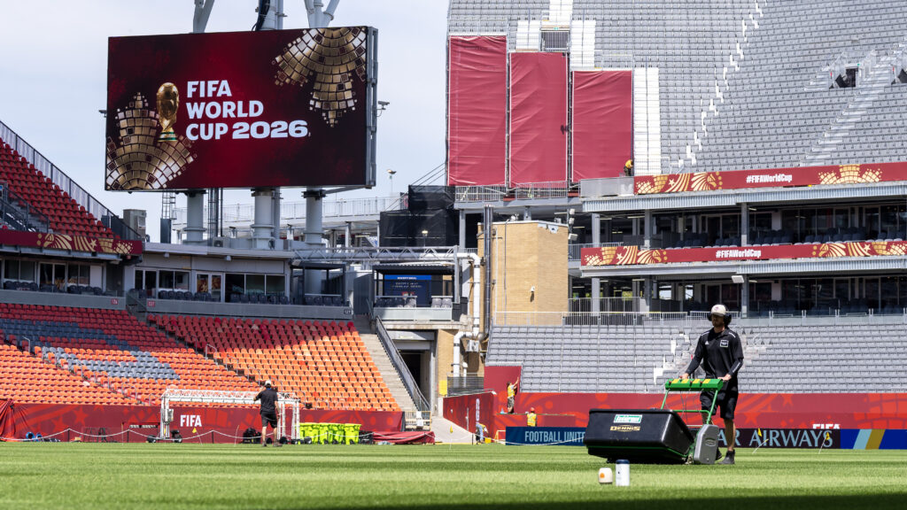 A worker mows the grass at Toronto Stadium in preparation for FIFA World Cup 2026 in Toronto on Thursday June 4, 2026. THE CANADIAN PRESS/Frank Gunn