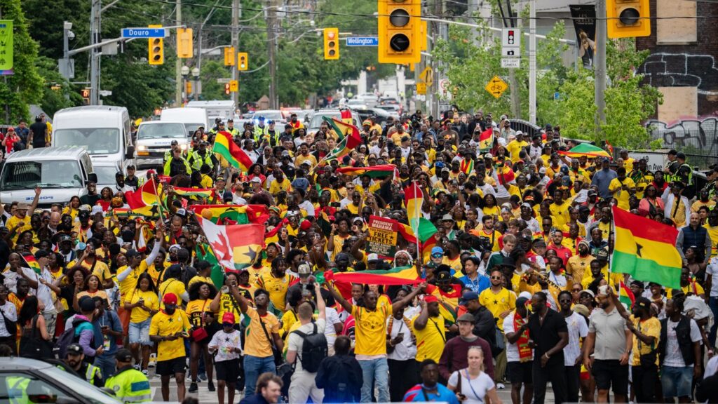 Ghana fans participate in a fan march toward Toronto Stadium before a FIFA World Cup group-stage soccer match against Panama, in Toronto on Wednesday, June 17, 2026. THE CANADIAN PRESS/Arlyn McAdorey