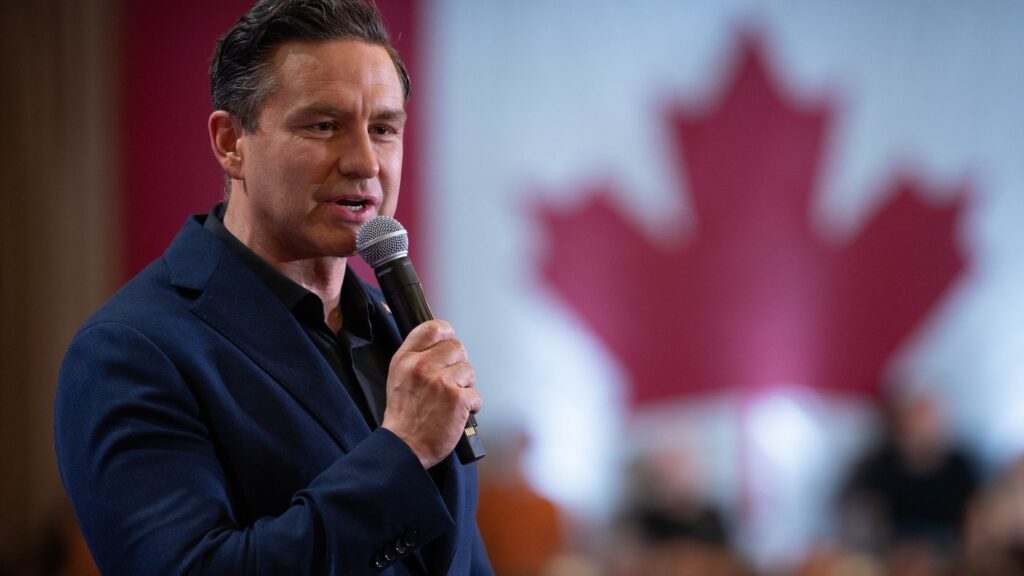 Conservative Leader Pierre Poilievre speaks during the party's town hall in Vancouver, on Saturday, May 23, 2026. THE CANADIAN PRESS/Ethan Cairns